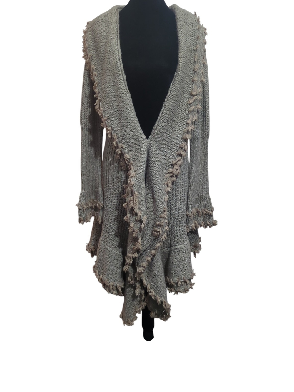 K Jordan Taupe Gray Fringe Open-Front Knit Cardigan